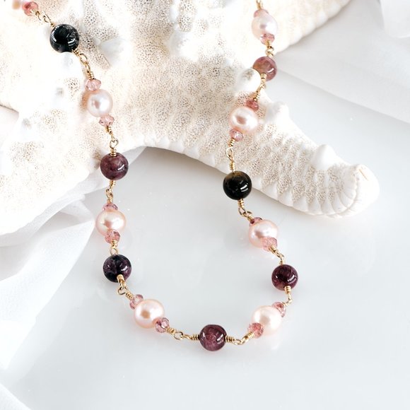 Tourmaline Pearl Necklace with Pink Topaz, 14K Gold Filled Dainty Necklace - Picture 1 of 11